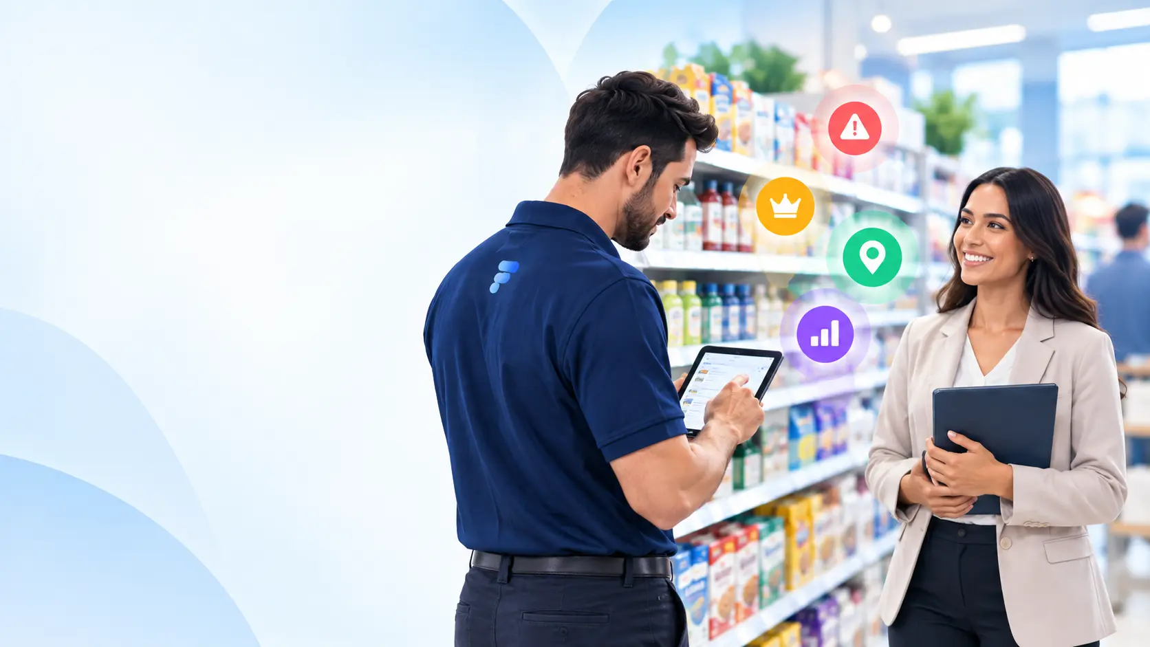 Field representative and manager collaborating in a store