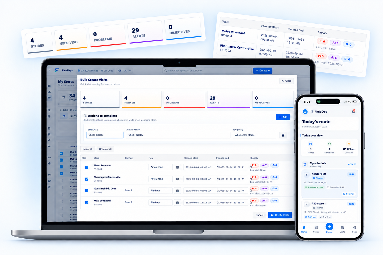 FieldOps AI web and mobile platform showing visit planning, store priorities and field execution