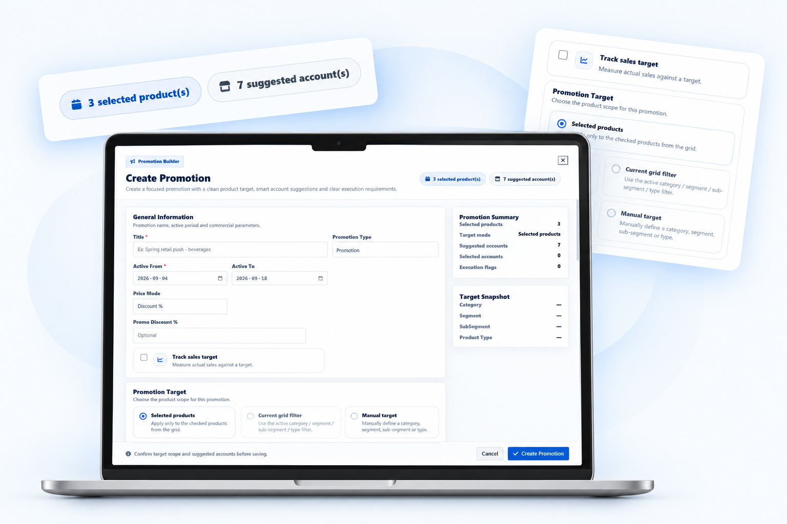 FieldOps AI promotion and objectives workspace showing product targeting, account suggestions and sales target tracking